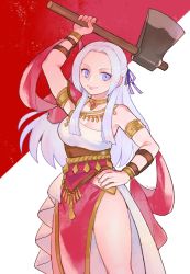 Rule 34 | 1girl, axe, blonde hair, bone (stare), cape, circlet, dancer, dancer (fire emblem: three houses), edelgard von hresvelg, fire emblem, fire emblem: three houses, hair ornament, highres, legs, long hair, looking at viewer, navel, nintendo, simple background, smile, solo, thighhighs, weapon, white background