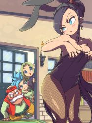 Rule 34 | 1girl, 3boys, adjusting clothes, animal ears, bare arms, bare shoulders, black leotard, blue eyes, breasts, camus (dq11), candle, cleavage, dragon quest, dragon quest xi, fake animal ears, fishnet pantyhose, fishnets, hero (dq11), highres, large breasts, leotard, long hair, looking at another, looking back, martina (dq11), medium breasts, moyamu, multiple boys, pantyhose, peeking, playboy bunny, ponytail, purple hair, rabbit ears, row (dq11), strapless, strapless leotard, swept bangs, thighs, very long hair