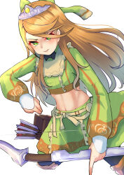 Rule 34 | 1girl, arrow (projectile), bow, bow (weapon), brown hair, commentary, crop top, etie (fire emblem), fire emblem, fire emblem engage, green bow, green eyes, green shirt, green skirt, hair bow, highres, holding, holding bow (weapon), holding weapon, long hair, long sleeves, looking at viewer, midriff, navel, nintendo, parted lips, quiver, shirt, shutchi, skirt, solo, stomach, tiara, very long hair, weapon