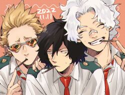 Rule 34 | 3boys, bandaid, bandaid on face, bandaid on nose, black hair, blonde hair, boku no hero academia, closed eyes, collared shirt, dated, eraser head (boku no hero academia), facing viewer, fingernails, food, food in mouth, grin, hair between eyes, hand on another&#039;s shoulder, looking at viewer, looking to the side, loud cloud, male focus, multiple boys, necktie, orange-tinted eyewear, orange background, pocky, pocky in mouth, pointing, present mic, red necktie, rnuyvm, scar, scar on face, school uniform, shirt, short hair, smile, sweatdrop, tinted eyewear, white-framed eyewear, white hair