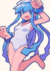 Rule 34 | 1girl, :d, arm up, barefoot, blue eyes, blue hair, blush stickers, bracelet, breasts, covered navel, fat mons, foot out of frame, hat, highres, ikamusume, inurice, jewelry, jumping, one-piece swimsuit, open mouth, shinryaku! ikamusume, small breasts, smile, solo, squid, squid hat, swimsuit, tentacle hair, tentacles, white background, white swimsuit