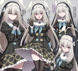 Rule 34 | 1girl, absurdres, black dress, black gloves, black thighhighs, blue archive, blue neckerchief, blush, breasts, candle, clenched teeth, closed eyes, dress, gloves, grey background, grey hair, hair between eyes, halo, highres, holding, interlocked fingers, long hair, long sleeves, looking at viewer, medium breasts, multiple views, neckerchief, nun, open mouth, own hands clasped, own hands together, purple eyes, sakurako (blue archive), teeth, thighhighs, translation request, waving, yakob labo