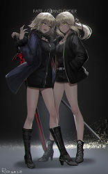 Rule 34 | 2girls, ahoge, artoria pendragon (all), artoria pendragon (fate), black background, black dress, black ribbon, blonde hair, board game, boots, breasts, cape, commentary request, copyright name, cross-laced footwear, dress, fate/grand order, fate (series), full body, fur-trimmed cape, fur collar, fur trim, go (board game), hair bun, high heel boots, high heels, highres, jacket, jeanne d&#039;arc (fate), jeanne d&#039;arc alter (fate), jeanne d&#039;arc alter (ver. shinjuku 1999) (fate), lace-up boots, large breasts, medium breasts, multiple girls, official alternate costume, open clothes, open jacket, open mouth, ribbon, rico ebr, saber alter, short hair, silver hair, single hair bun, sword, tsurime, weapon, wicked dragon witch ver. shinjuku 1999, yellow eyes