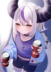 Rule 34 | 1girl, absurdres, braid, create8, grey hair, highres, hololive, horns, jewelry, la+ darknesss, long hair, looking at viewer, multicolored hair, necklace, pointy ears, solo, standing, streaked hair, virtual youtuber, yellow eyes