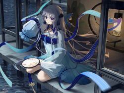 Rule 34 | 1girl, arin (aaua8438), arknights, arm up, blue dress, blue eyes, closed mouth, commentary request, dated, dress, full body, grey hair, hand fan, long hair, long sleeves, looking at viewer, mulberry (arknights), mulberry (reflection that of the moons) (arknights), official alternate costume, outdoors, paper fan, porch, see-through, see-through sleeves, seiza, signature, sitting, sleeves past fingers, sleeves past wrists, solo, tassel, uchiwa, very long hair, very long sleeves, water