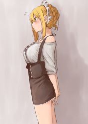 Rule 34 | 1girl, arms behind back, bare shoulders, blonde hair, blue eyes, blush, braid, breasts, covering privates, covering ass, dirndl, frills, from side, german clothes, grey background, highres, kinpatsu-chan (rucchiifu), large breasts, maid, maid headdress, original, rucchiifu, short hair, solo, standing, underbust