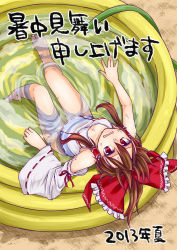 Rule 34 | 10s, 1girl, 2013, adapted costume, barefoot, brown hair, detached sleeves, from above, hair ribbon, hair tubes, hakurei reimu, hose, hot, looking up, monrooru, one-piece swimsuit, partially submerged, rectangular mouth, red eyes, ribbon, ribbon-trimmed sleeves, ribbon trim, shochuumimai, solo, sweat, swimsuit, touhou, upside-down, wading pool, water