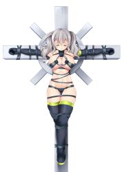 Rule 34 | 1girl, alternate costume, bdsm, black footwear, bondage, boots, bound, breasts, cleavage, collarbone, cross, crucifixion, elbow gloves, facing viewer, full body, gloves, highres, kantai collection, kashima (kancolle), large breasts, long hair, navel, no headwear, no headwear, outstretched arms, restrained, revealing clothes, rope, simple background, skindentation, solo, stomach, thigh boots, thigh gap, thighhighs, twintails, underboob, wavy hair, white background, yasume yukito