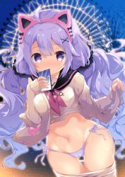 Rule 34 | 1girl, animal ears, azur lane, bare tree, black sailor collar, black scrunchie, blush, breasts, cameltoe, cardigan, cat ears, cellphone, clothes lift, clothes pull, commentary request, fake animal ears, ferris wheel, gluteal fold, groin, hair between eyes, hair ornament, hair scrunchie, holding, holding phone, long hair, long sleeves, looking at viewer, natsuki yuu (amemizu), navel, neckerchief, night, night sky, nose blush, open cardigan, open clothes, outdoors, panties, pantyhose, pantyhose pull, parted lips, phone, purple eyes, purple hair, purple neckerchief, purple panties, sailor collar, school uniform, scrunchie, serafuku, shirt, shirt lift, side-tie panties, sky, sleeves past wrists, small breasts, solo, thigh gap, tree, twintails, underwear, unicorn (long-awaited date) (azur lane), unicorn (azur lane), very long hair, white cardigan, white pantyhose, white shirt