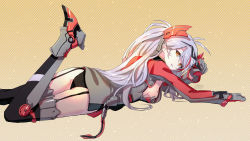 Rule 34 | 1girl, artist name, ass, azur lane, black panties, breasts, canata katana, cross, dress, from side, garter straps, gloves, grey gloves, highres, iron cross, long hair, looking at viewer, lying, medium breasts, microdress, mole, mole on breast, multicolored hair, on stomach, panties, parted lips, prinz eugen (azur lane), silver hair, solo, streaked hair, sunglasses, sunglasses on head, sunglasses removed, thighhighs, twintails, two side up, underwear, very long hair, yellow eyes