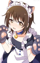 Rule 34 | 1girl, alternate costume, animal ears, animal hands, apron, bell, black dress, blush, brown eyes, brown hair, cat ears, cat paws, collar, collarbone, commentary request, dress, enmaided, fake animal ears, frilled apron, frills, funami yui, gloves, highres, jingle bell, maid, maid apron, maid headdress, neck bell, nnn yryr, open mouth, paw gloves, puffy short sleeves, puffy sleeves, short hair, short sleeves, simple background, solo, twitter username, white apron, white background, yuru yuri