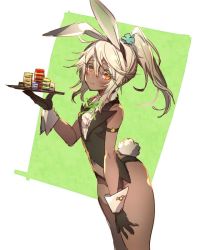 Rule 34 | 1girl, alternate breast size, alternate costume, alternate hairstyle, animal ears, bare legs, bare shoulders, black gloves, black leotard, blonde hair, blush, breasts, rabbit ears, rabbit tail, closed mouth, dark skin, dark-skinned female, fake animal ears, from side, gloves, guilty gear, guilty gear xrd, hair between eyes, holding, holding tray, leotard, long hair, looking at viewer, looking to the side, orange eyes, oro (sumakaita), playboy bunny, ponytail, ramlethal valentine, small breasts, solo, tail, tray