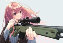 Rule 34 | 1girl, absurdres, ai arctic warfare, arknights, bolt action, brown jacket, cartridge, closed mouth, gun, highres, holding, holding gun, holding weapon, jacket, lemuen (arknights), long hair, long sleeves, nameko houshi, open clothes, open jacket, pink eyes, pink hair, rifle, shirt, simple background, sniper rifle, solo, striped clothes, striped shirt, vertical-striped clothes, vertical-striped shirt, weapon, white background, white shirt
