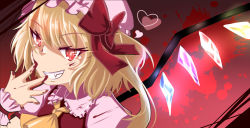 Rule 34 | 1girl, ascot, bad id, bad pixiv id, blonde hair, blood, blood on face, flandre scarlet, grin, hat, head tilt, kuro-hero, looking at viewer, mob cap, red eyes, side ponytail, sketch, smile, solo, touhou, wings, wrist cuffs