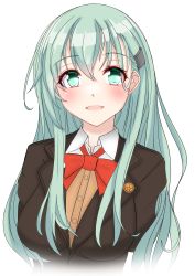 Rule 34 | 1girl, absurdres, aqua hair, blazer, bow, bowtie, brown jacket, cardigan, commentary request, green eyes, hair ornament, hairclip, highres, jacket, kantai collection, long hair, looking at viewer, nitamako (sakamalh), red bow, red bowtie, school uniform, simple background, solo, suzuya (kancolle), suzuya kai ni (kancolle), upper body, white background