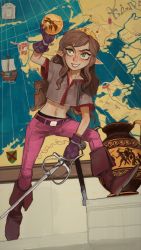 Rule 34 | 1girl, amber (gemstone), belt, blouse, borrowed character, brown footwear, brown hair, cropped shirt, europe map, fold-over boots, freckles, gem, gloves, green eyes, grey shirt, grin, hand up, highres, holding, holding sword, holding weapon, long hair, looking at viewer, map, midriff, mossacannibalis, navel, original, pants, pants tucked in, pink pants, pointy ears, purple belt, purple gloves, rapier, shirt, short sleeves, smile, solo, sword, urn, weapon