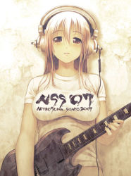 Rule 34 | 1girl, blouse, blush, breasts, cable, character name, clothes writing, guitar, headphones, huge breasts, instrument, long hair, lowres, nitroplus, official art, shirt, solo, super sonico, t-shirt, tsuji santa, white shirt