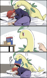 Rule 34 | 1boy, bag, bayleef, box, closed eyes, closed mouth, commentary request, creatures (company), food, food on head, game freak, gen 2 pokemon, glass, head on pillow, jacket, lying, male focus, monji samonji, mouth hold, nintendo, object on head, on bed, on side, orange hair, pants, paper bag, pillow, pointing, pokemon, pokemon (creature), pokemon hgss, purple pants, silver (pokemon)