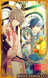Rule 34 | 3boys, :o, ahoge, aqua robe, ascot, blue eyes, blue hair, blue shirt, brooch, brown hair, bungou to alchemist, card (medium), chandelier, changpao, chinese clothes, clenched hand, collared shirt, copyright notice, cowboy shot, double-parted bangs, floral print, flower, folded fan, folding fan, glasses, gloves, gradient clothes, gradient jacket, green hair, hair between eyes, hanamura mai, hand fan, hands in opposite sleeves, haori, holding, holding fan, incense burner, indoors, izumi kyouka (bungou to alchemist), jacket, japanese clothes, jewelry, kimono, lowres, male focus, multiple boys, nakajima atsushi (bungou to alchemist), official art, orange flower, parted lips, patterned clothing, pink kimono, pink sash, red eyes, robe, round eyewear, sash, satomi ton (bungou to alchemist), shirt, short hair with long locks, smile, spiked hair, striped ascot, table, tassel, two-tone kimono, vase, vest, white ascot, white flower, white gloves, white jacket, white kimono, white robe, white vest, window, yellow eyes, yellow flower