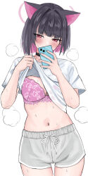 Rule 34 | 1girl, animal ears, black choker, black hair, blue archive, blush, bob cut, bra, bra visible through clothes, breasts, cat ears, choker, clothes lift, colored inner hair, commentary request, dolphin shorts, hair intakes, halo, highres, holding, holding phone, kazusa (blue archive), lace, lace bra, large breasts, lifted by self, looking at phone, medium hair, multicolored hair, navel, phone, pink bra, pink eyes, pink hair, pink halo, selfie, shirt, shirt lift, short sleeves, shorts, simple background, solo, steaming body, stomach, sweat, t-shirt, thighs, tsumayouji (tumayog), two-tone hair, underwear, white background, white shirt, white shorts