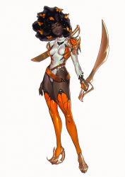 Rule 34 | 1girl, absurdres, big hair, breasts, breasts apart, bug, butterfly, dark-skinned female, dark skin, full body, high heels, highres, holding, holding sword, holding weapon, impossible clothes, impossible leotard, insect, leotard, medium breasts, monarch butterfly, orange butterfly, orange thighhighs, original, oskar vega, simple background, solo, standing, sword, thighhighs, weapon, white background, white leotard