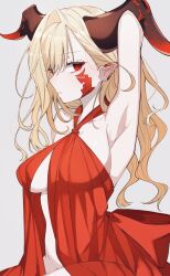 Rule 34 | 1girl, arm up, armpits, asymmetrical bangs, bare shoulders, blonde hair, breasts, center opening, cosplay, dress, facial mark, fate/grand order, fate (series), hair over one eye, highres, horns, large breasts, long hair, looking at viewer, mati5572, nero claudius (fate), nero claudius (fate) (all), pointy ears, queen draco (fate), queen draco (fate) (cosplay), queen draco (first ascension) (fate), queen draco (third ascension) (fate), red dress, red eyes, solo