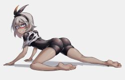 Rule 34 | 1girl, all fours, ass, bad id, bad pixiv id, bare legs, barefoot, bea (pokemon), black bodysuit, blush, bodysuit, cameltoe, clenched teeth, creatures (company), dark-skinned female, dark skin, full body, game freak, grey eyes, gym leader, hair between eyes, hairband, looking at viewer, max-k, nintendo, pokemon, pokemon swsh, scowl, shadow, shirt, short hair, silver hair, simple background, solo, teeth, torn clothes, torn shirt, white background