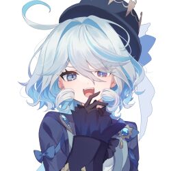 Rule 34 | 1girl, antenna hair, ascot, black gloves, blue ascot, blue bow, blue brooch, blue coat, blue eyes, blue hair, blue hat, bow, bright pupils, coat, coat bow, commentary, dot nose, furina (genshin impact), furrowed brow, genshin impact, gloves, hair intakes, hand up, hat, heterochromia, highres, light blue hair, long hair, long sleeves, looking at viewer, mismatched pupils, mochizuki mochi, multicolored hair, ojou-sama pose, open clothes, open coat, open mouth, shirt, short shorts, shorts, simple background, smile, smug, solo, teeth, top hat, two-tone hair, upper body, upper teeth only, v-shaped eyebrows, very long hair, wavy hair, wavy mouth, white background, white gloves, white pupils, white shirt, white shorts
