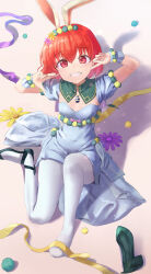 Rule 34 | 1girl, absurdres, animal ears, dress, fake animal ears, fire emblem, fire emblem: mystery of the emblem, fire emblem: shadow dragon, fire emblem heroes, full body, green footwear, grin, hair between eyes, highres, looking at viewer, maria (fire emblem), maria (spring) (fire emblem), mimi (mimi ganbaruzo), nintendo, official alternate costume, pantyhose, puffy short sleeves, puffy sleeves, rabbit ears, red eyes, red hair, shadow, shoes, short hair, short sleeves, smile, solo, white pantyhose