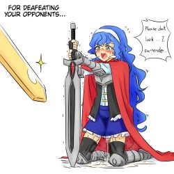Rule 34 | 1girl, armor, armored boots, arms up, bad id, bad pixiv id, black gloves, black thighhighs, black vest, blue hair, blue shirt, blue skirt, blush, boots, breastplate, breath, cape, character request, embarrassed, english text, female focus, fingerless gloves, flying sweatdrops, frilled skirt, frills, full body, gauntlets, glint, gloves, green eyes, grey footwear, hairband, highres, holding, holding sword, holding weapon, kneeling, long hair, long sleeves, miniskirt, nose blush, open mouth, peeing, peeing self, puddle, red cape, rune (dualhart), shirt, simple background, skirt, solo, speech bubble, sweat, sword, talking, tears, text focus, thighhighs, trembling, very long hair, vest, weapon, wet, wet clothes, white background, white hairband, wide-eyed