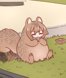 Rule 34 | 1girl, ^ ^, animal, animalization, autumn leaves, blush, brown hair, closed eyes, commentary request, eating, facing viewer, highres, holding, kemomimi-chan (naga u), naga u, on grass, original, seed, solo, squirrel, sunflower seed