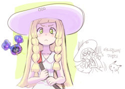 Rule 34 | 1girl, ^^^, blonde hair, blush stickers, braid, closed mouth, collarbone, collared dress, commentary request, cosmog, creatures (company), dede (qwea 00000), dress, eyelashes, frown, game freak, gen 1 pokemon, gen 7 pokemon, green eyes, hat, holding strap, korean commentary, legendary pokemon, lillie (pokemon), long hair, multiple views, nintendo, partially colored, pikachu, pokemon, pokemon (creature), pokemon sm, scared, twin braids, white dress, white headwear