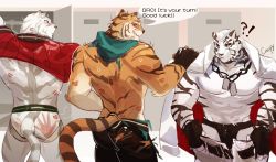 Rule 34 | !?, 3boys, abs, absurdres, animal ears, arknights, ass, bara, bare pectorals, black male underwear, black tank top, bulge, chain, chain necklace, character request, copyright request, crossover, crrispy shark, english text, fingerless gloves, furry, furry male, gloves, hand on another&#039;s shoulder, highres, jacket, jacket on shoulders, jewelry, large pectorals, lipstick mark, male focus, male underwear, mercenary (zero kara hajimeru mahou no sho), mountain (arknights), multiple boys, multiple crossover, muscular, muscular male, necklace, nipples, pants, pectorals, scar, scar across eye, scar on face, short hair, sketch, spanked, sweat, tank top, thighs, tiger boy, tiger ears, tiger stripes, tight clothes, tight pants, topless male, torn clothes, torn pants, underwear, undressing, white fur, white male underwear, white pants, zero kara hajimeru mahou no sho