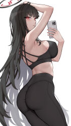 Rule 34 | 1girl, absurdres, arm over head, black bra, black hair, black pants, blue archive, blush, bra, breasts, bright pupils, cellphone, halo, highres, large breasts, long hair, looking at viewer, pants, phone, red eyes, rio (blue archive), selfie, shadow, simple background, smartphone, solo, sweat, underwear, white background, white pupils, yukiaka