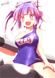 Rule 34 | 10s, 1girl, :d, bad id, bad pixiv id, blue hair, blunt bangs, blush, breasts, fang, i-19 (kancolle), kantai collection, kisaragi zwei, large breasts, md5 mismatch, multicolored hair, one-piece swimsuit, open mouth, personification, pink hair, red eyes, school swimsuit, simple background, smile, solo, star-shaped pupils, star (symbol), strap slip, swimsuit, symbol-shaped pupils, two-tone hair, white background