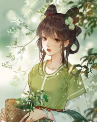 Rule 34 | 1girl, banbi ruqun, basket, black hair, bracelet, branch, chinese clothes, commentary request, cone hair bun, dress, flower, green dress, hair bun, hair flower, hair ornament, hair rings, hanfu, highres, holding, jewelry, long sleeves, looking at viewer, original, plant, solo, upper body, yingzi xiaohongshu
