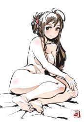 Rule 34 | 1girl, ahoge, barefoot, blush, bow (bhp), breasts, brown hair, closed mouth, copyright request, folded ponytail, large breasts, long hair, looking at viewer, nude, original, red eyes, signature, simple background, sitting, smile, soles, solo, white background, yokozuwari