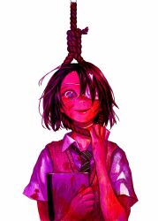 Rule 34 | 1girl, absurdres, aqua pupils, black hair, blood, blood on clothes, blood splatter, blue eyes, cardigan, cardigan vest, collared shirt, crazy, crazy eyes, eyepatch, green necktie, hanged, highres, hinami shiina, holding, holding notebook, holding rope, holding to chest, looking at viewer, medical eyepatch, multicolored eyes, necktie, noose, notebook, one eye covered, open mouth, parted bangs, pink theme, red eyes, rope, satomi yuu, school uniform, shirt, short hair, short sleeves, simple background, smile, solo, white background, white shirt, wide-eyed, yakedo shoujo