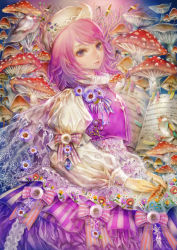 Rule 34 | 1girl, adapted costume, bad id, bad pixiv id, badge, bird, bird request, blue eyes, buttons, embellished costume, embroidery, female focus, flower, fly agaric, hat, highres, lace, layered skirt, letty whiterock, lips, long sleeves, mushroom, musical note, paper, purple eyes, purple hair, ribbon, short hair, skirt, smile, snowflakes, solo, striped ribbon, touhou, tree, vertical stripes, vest, yogisya