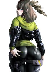 Rule 34 | 1girl, ass, ass grab, belt, black bodysuit, black choker, black jacket, black pants, blue eyes, blue pupils, blue sky, bodysuit, brown hair, choker, chu-e, eunie (xenoblade), feathered wings, grabbing own ass, green hoodie, hand on own ass, head wings, highres, hood, hoodie, huge ass, jacket, jacket partially removed, leather, leather jacket, long hair, long sleeves, looking at viewer, looking back, nail polish, open clothes, open jacket, pants, skin tight, sky, solo, standing, thighs, white background, white wings, wings, xenoblade chronicles (series), xenoblade chronicles 3