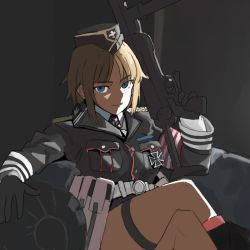 Rule 34 | 1girl, alternate eye color, armband, black gloves, black jacket, blonde hair, blue eyes, breast pocket, breasts, closed mouth, cross, crossed legs, garrison cap, girls&#039; frontline, gloves, gun, hat, holding, holding gun, holding weapon, iron cross, jacket, long sleeves, looking at viewer, military, military uniform, mp40, mp40 (girls&#039; frontline), pocket, short hair, simple background, sitting, solo, submachine gun, thigh strap, uniform, wani (perfect han), weapon