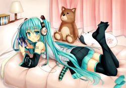 Rule 34 | 1girl, aqua eyes, aqua hair, bed, blush, cafeore, covers, curtains, detached sleeves, digital media player, feet, hatsune miku, headphones, lamp, long hair, lying, no shoes, on stomach, pillow, skirt, socks, solo, stuffed animal, stuffed toy, thighhighs, twintails, very long hair, vocaloid