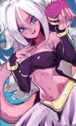 Rule 34 | 1girl, android 21, bad id, bad pixiv id, bare shoulders, blue eyes, bracelet, breasts, choker, colored skin, commentary, cupcake, detached sleeves, dragon ball, dragon ball fighterz, flipped hair, food, harem pants, jewelry, light persona, long hair, majin android 21, medium breasts, narrow waist, navel, pants, pastry, pink skin, sho-n-d, silver hair, sleeves past wrists, solo, strapless, tail, tube top