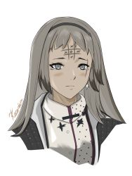 Rule 34 | 1girl, arknights, bad id, bad pixiv id, black hairband, blush, commentary, cropped torso, english commentary, forehead, grey eyes, grey hair, hairband, highres, irene (arknights), jacket, katowicz co., long hair, looking at viewer, open clothes, open jacket, revision, scar, shirt, simple background, solo, tears, tic-tac-toe, upper body, white background, white shirt