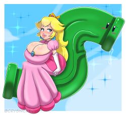 Rule 34 | 1girl, blonde hair, blue eyes, breasts, breasts on lap, bursting breasts, cleavage, crysnickel, dress, highres, huge breasts, inchworm pipe, legs, long hair, looking at viewer, mario (series), naughty face, nintendo, princess, princess peach, sexually suggestive, smile, solo, super mario bros. wonder, thighs, tongue, tongue out, warp pipe