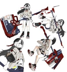 Rule 34 | 1girl, black footwear, black hair, black shirt, blue skirt, closed mouth, commentary request, coralie (honkai impact), grey eyes, grey jacket, hair between eyes, hammer, holding, holding hammer, honkai (series), honkai impact 3rd, jacket, long hair, long sleeves, multicolored hair, multiple views, puffy long sleeves, puffy sleeves, shirt, sho 2nini, shoe soles, shoes, simple background, sketch, skirt, tail, two-tone hair, very long hair, white background, white hair