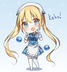 Rule 34 | 1girl, :d, apron, artist name, blend s, blonde hair, blood, blue background, blue eyes, blue shirt, blue skirt, blush, character name, chibi, commentary request, gloves, hands up, head scarf, hinata kaho, index finger raised, long hair, looking at viewer, mochii, open mouth, pleated skirt, round teeth, shirt, short sleeves, skirt, smile, solo, stile uniform, teeth, thighhighs, twintails, uniform, very long hair, waist apron, waitress, white apron, white gloves, white thighhighs