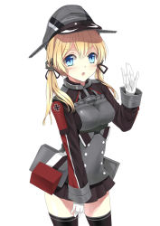 Rule 34 | &gt;:o, 10s, 1girl, :o, anchor, anchor hair ornament, black skirt, black thighhighs, blonde hair, blue eyes, blush, cowboy shot, cross, hair ornament, hand up, hat, highres, iron cross, kantai collection, long sleeves, looking at viewer, microskirt, military, military hat, military uniform, open mouth, peaked cap, pleated skirt, prinz eugen (kancolle), simple background, skirt, solo, thighhighs, tot (zhxto), twintails, uniform, v-shaped eyebrows, white background, zettai ryouiki, ||/
