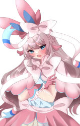 Rule 34 | 1girl, absurdres, animal ears, blue eyes, blush, bow, brown hair, commentary request, creatures (company), crossed arms, game freak, gen 6 pokemon, gloves, hair bow, highres, miatanganbar4, nintendo, personification, pink bow, pink gloves, pokemon, simple background, solo, standing, sylveon, white background, white bow