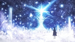 Rule 34 | 1girl, blue theme, boots, commentary request, dress, fantasy, from behind, magic, night, night sky, original, pillar, sakimori (hououbds), scenery, sky, solo, standing, star (sky), starry sky